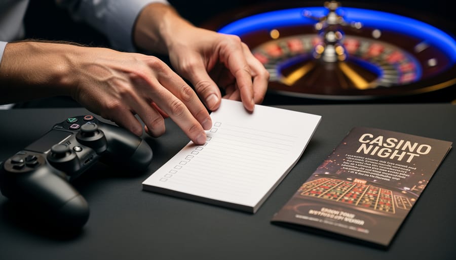 Hands placing a blank checklist next to casino gaming items with a softly blurred casino background, symbolizing reviewing rules before playing.