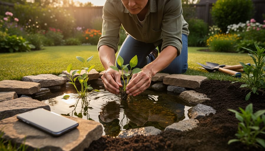 Gardener’s gloved hands planting aquatic plants in a pond near clear water