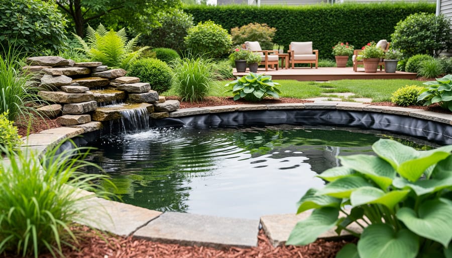 Peaceful backyard garden pond with natural rocks, soft water flow, and lush green plants surrounding the water.