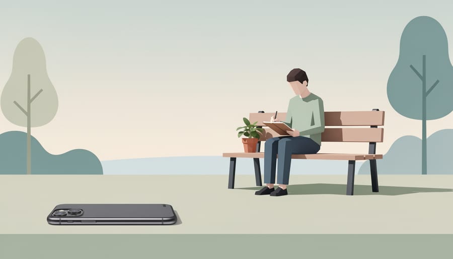 Face-down smartphone and gardening tools on an outdoor patio table facing a softly lit garden pond