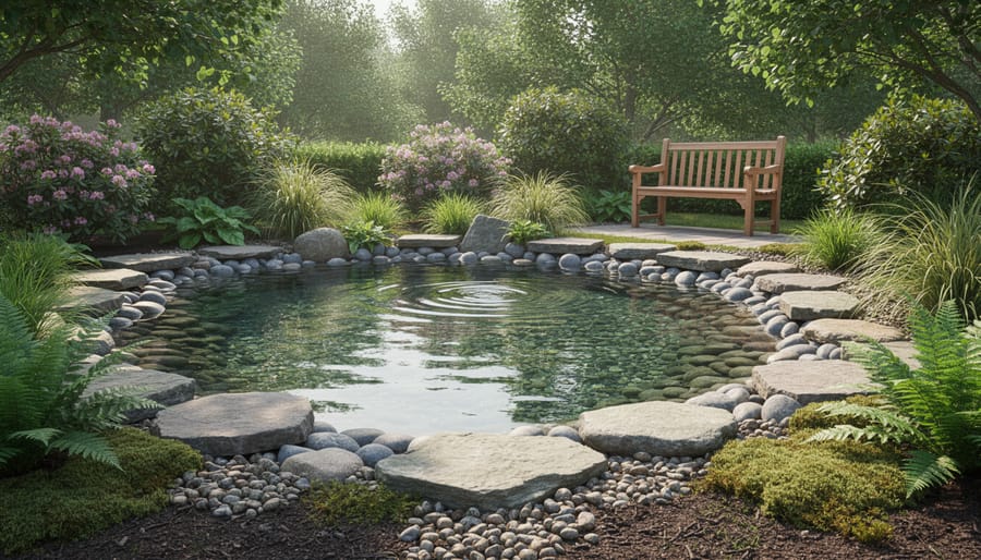 Serene backyard garden pond with stones, plants, and gentle water ripples at dusk